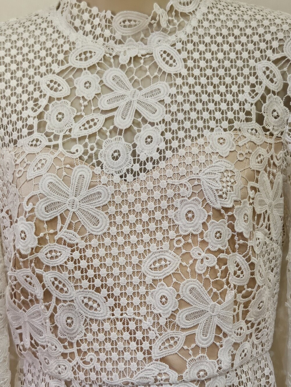 Free People La Spezia Dress White Scalloped Lace Beige Lining Bell Sleeves,Small - Picture 10 of 16